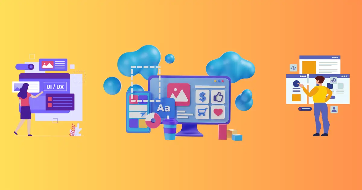 Cartoon people working with different screens graphs and charts for UX/UI work